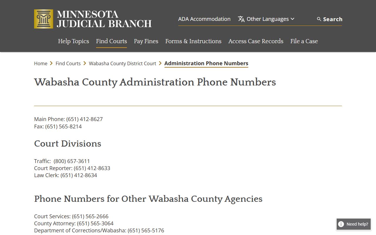 Wabasha District Court contact numbers
