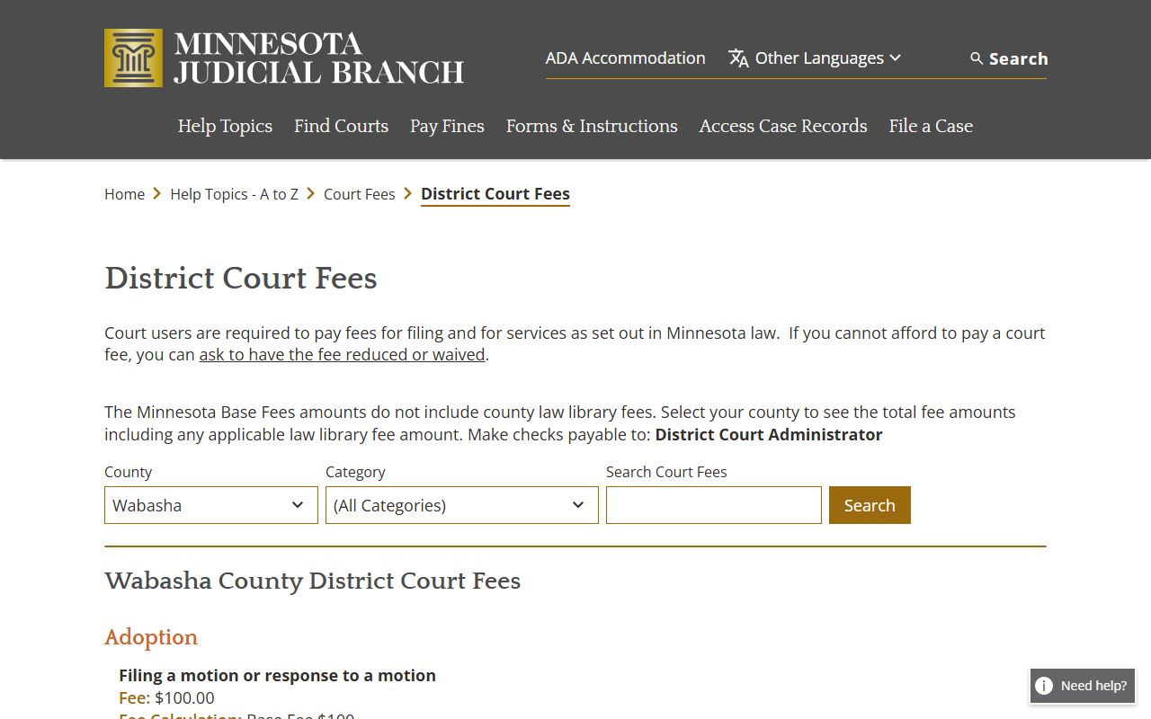 Wabasha District Court fee schedule