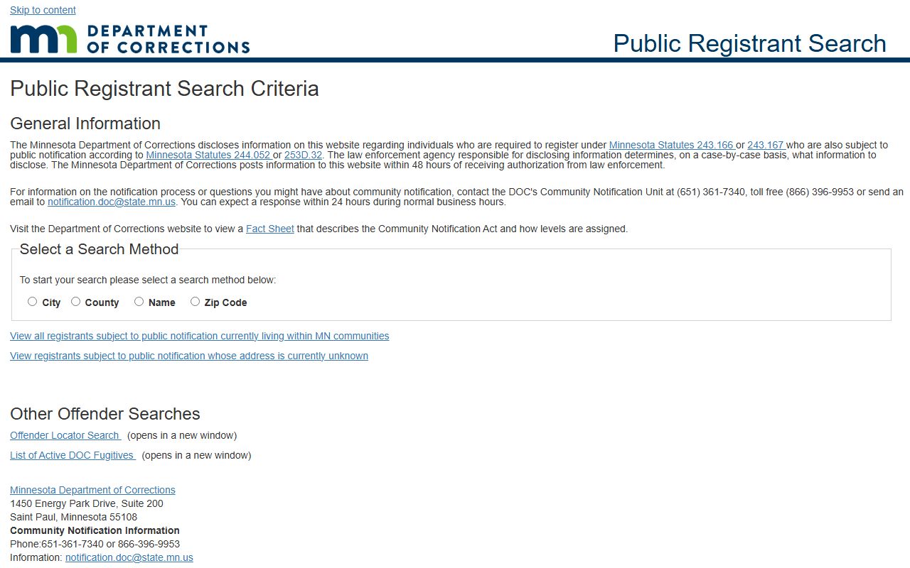 Minnesota DOC public registrant search