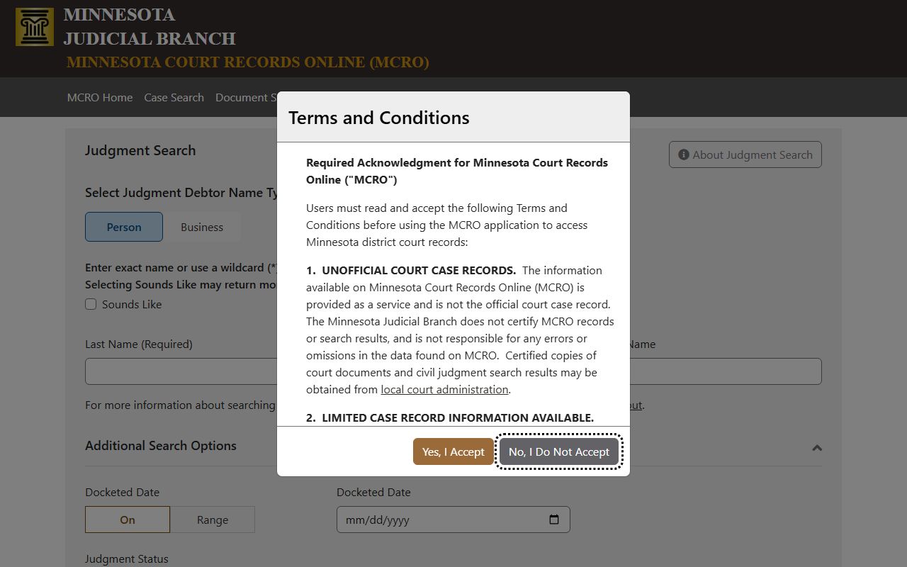 MCRO hearing search interface