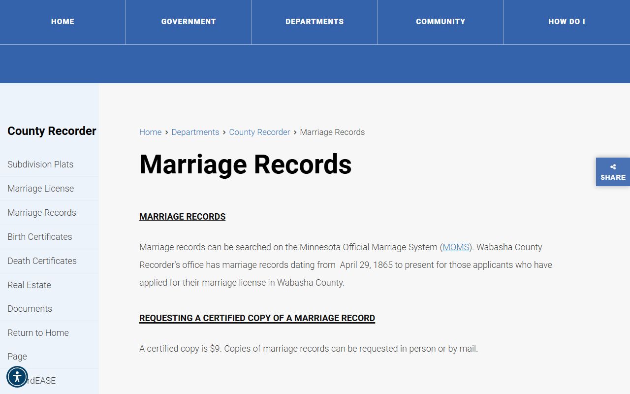 Wabasha marriage records page