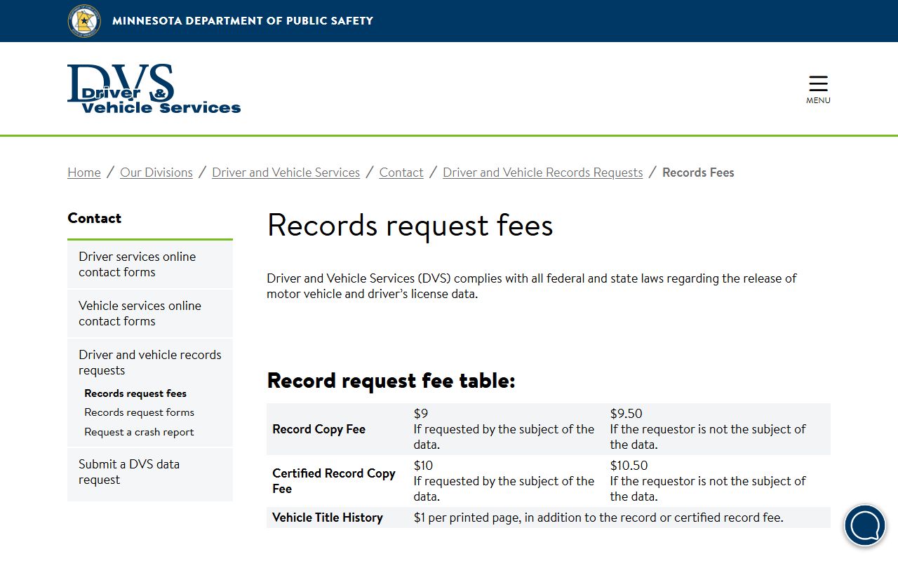 DVS records request fees