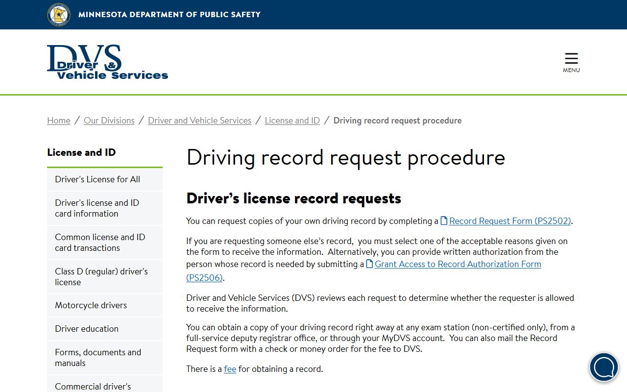 DVS driving record request procedure