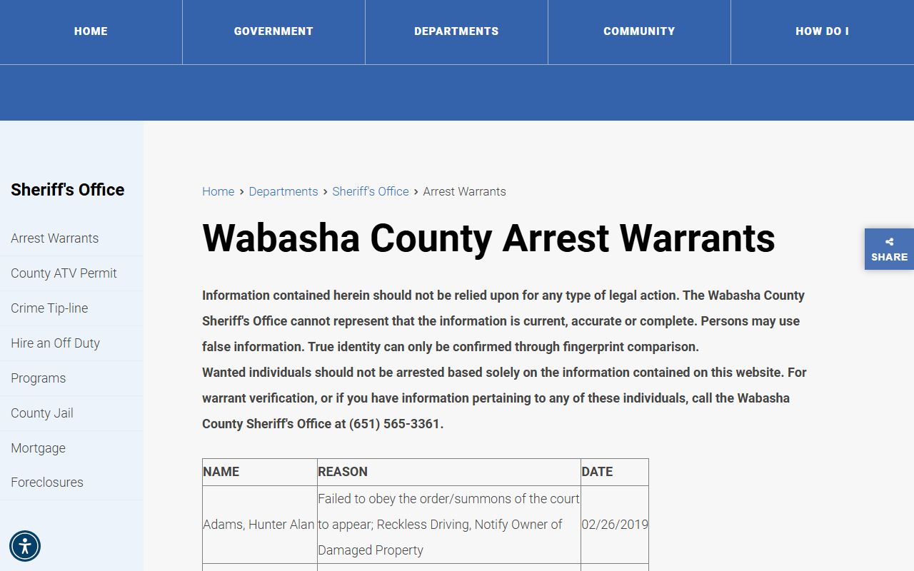 Wabasha County active warrant list